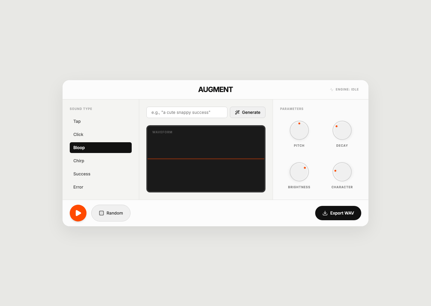Augment screenshot showing audio UX controls, waveform preview and export action.