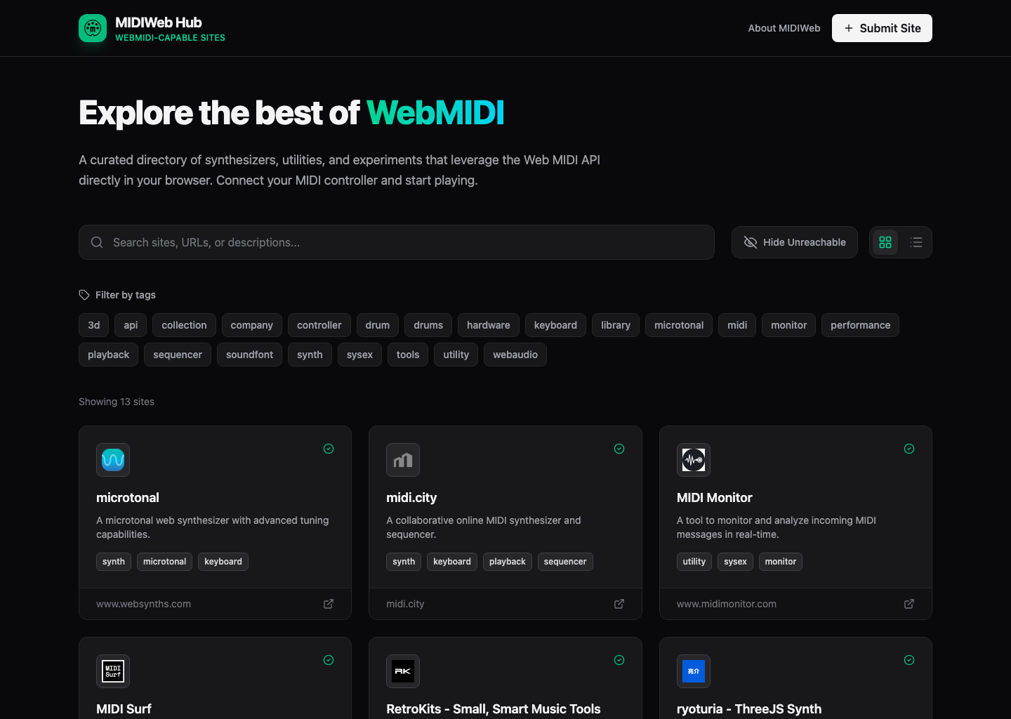 MIDIWeb-Hub screenshot showing the WebMIDI directory search, tags and site cards.