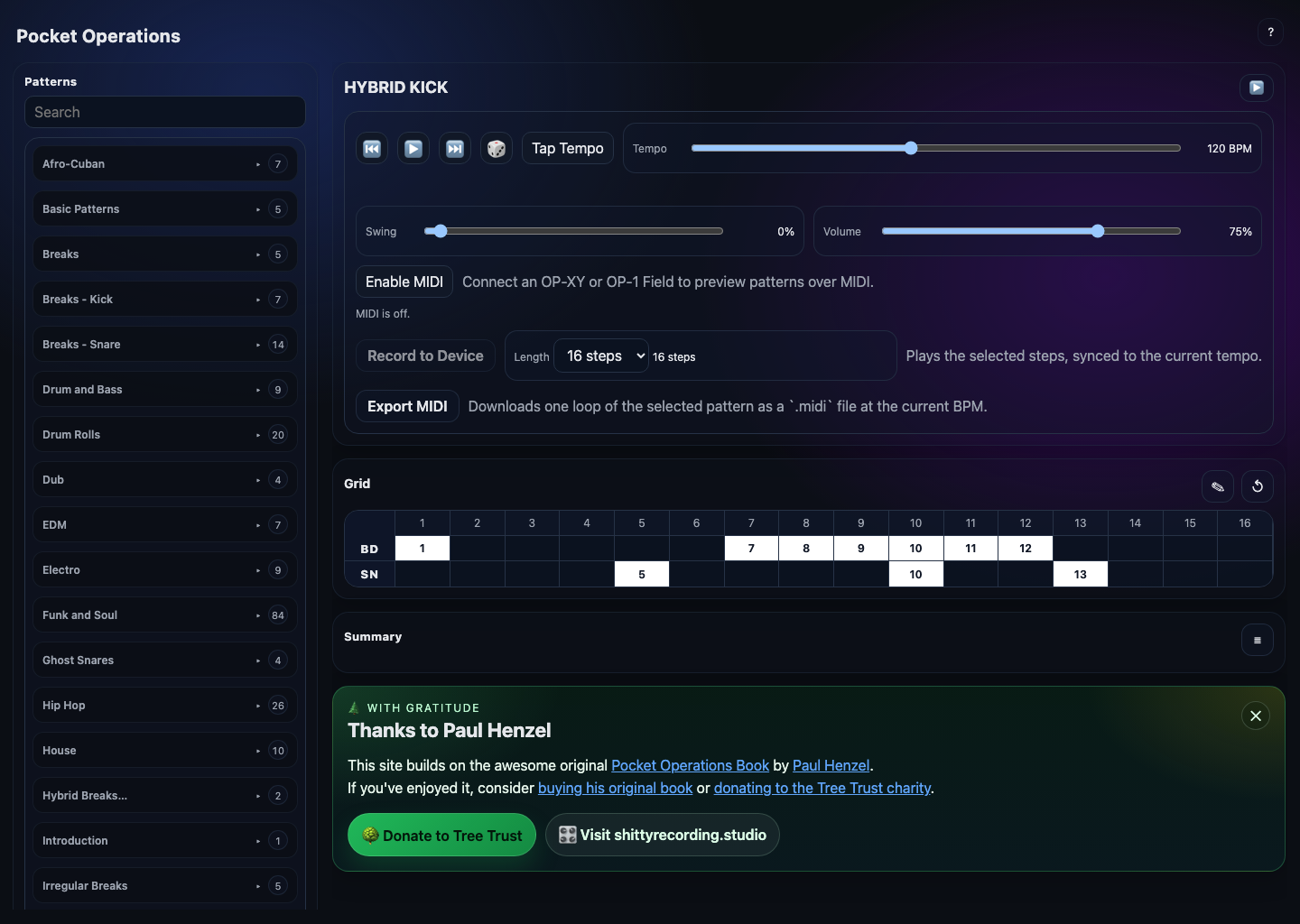 Pocket Operations screenshot showing the pattern browser, transport controls and MIDI export tools.